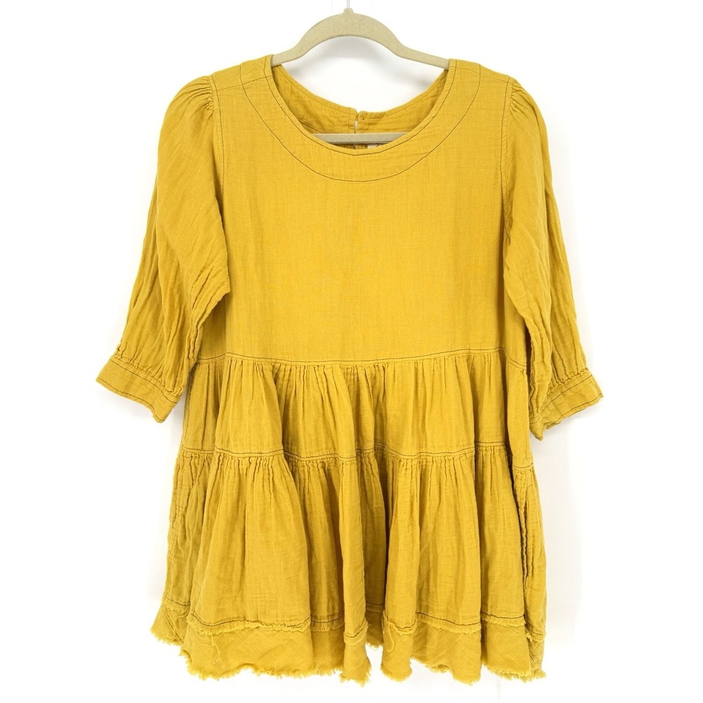 Paper Lace Mustard Yellow Boho Blouse Women's MED Tiered Peplum Cotton Gauze